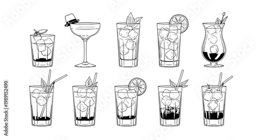 Drinks cocktail set with ice cubes and garnishes in various glasses featuring cocktails, lemon, lime with mint and straws elements for beverages,
