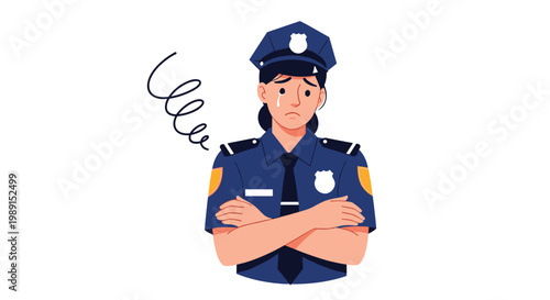 Crying female police officer in a blue uniform looking sad and distressed with a swirly frustration line above her head.