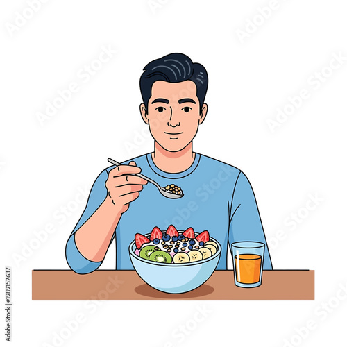 Man eating healthy food salad bowl.