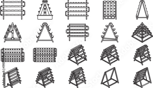 Illustration of various modern urban farm racks, showcasing sustainable agricultural technology.