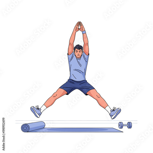 Man doing jumping exercise with dumbbells.