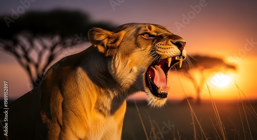 Lion Roaring at Sunset in African Savanna
Majestic Lion Roar with Golden Backlight
Powerful Lion Roar Wild Nature Landscape