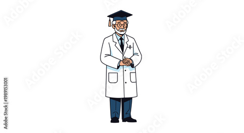 Senior male doctor with grey hair and beard wearing a white lab coat and a graduation cap standing with hands clasped together.