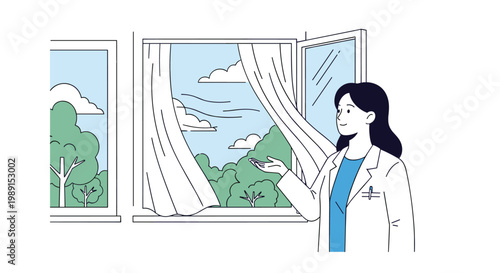 Professional female doctor in a white coat standing next to an open window with curtains blowing in the wind for fresh air.