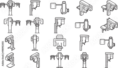 collection of illustrated dental equipment. A clinical study of dentist equipment, each meticulously rendered in black and white, presenting a range of tools crucial for dental care procedures. 