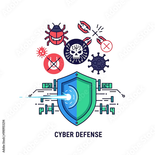 Cyber defense shield with malware icons.