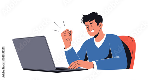 Enthusiastic man celebrating a win while working on his laptop at a desk and pumping his fist in the air with excitement and joy.