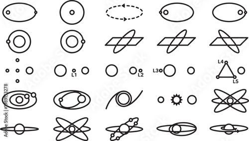 An array of celestial diagrams reveals various orbital paths, highlighting different spatial relationship. This composition showcases dynamic elements with artistic flair.