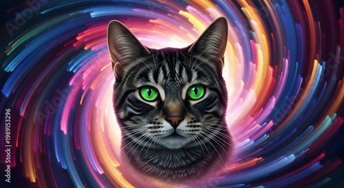 Colorful cyber cat portrait with neon background
AI futuristic cat face with glowing lights
Neon spiral cat artwork for tech themes