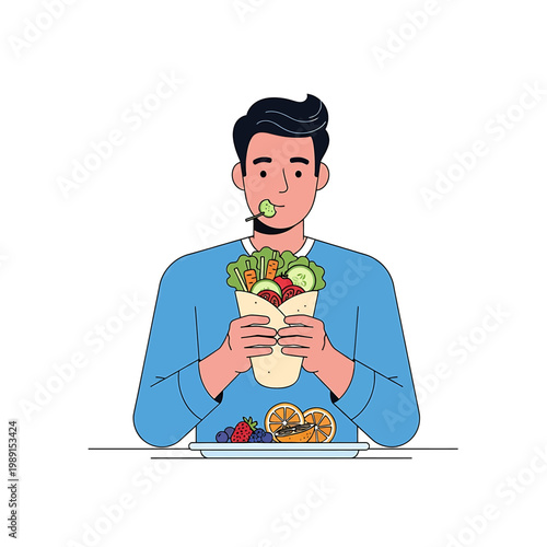 Man eating a large sandwich wrap.