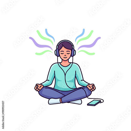 Woman meditating with headphones on 1.