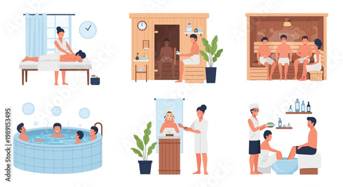 Wellness spa collage: massage, sauna, hot tub, foot bath, and facial treatments