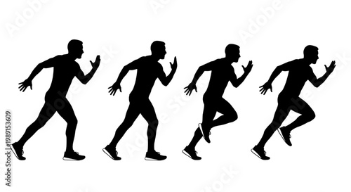 Runners set of four silhouettes in different poses sprinting to the right with dynamic motion featuring running, athletes, sports with fitness and
