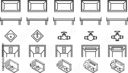 Architectural blueprints featuring a collection of sinks, faucets, valves, and other plumbing fixtures. Illustrated with technical precision, these designs offer a clean.