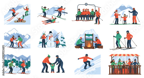 Winter Ski Resort Activities: Skiing, Snowboarding, Snowman, Family Fun, and Apr?s-Ski