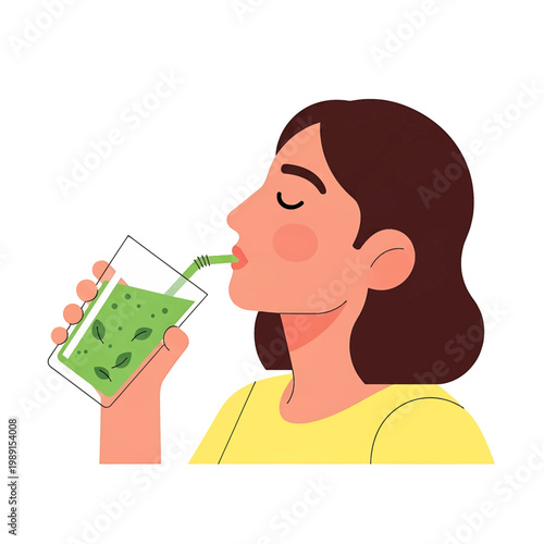 Woman drinking green juice through straw 1.