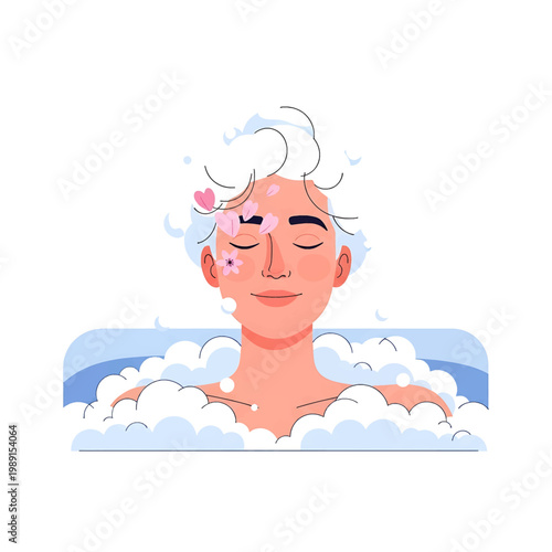 Man Relaxing in Foamy Bath Water.