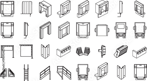 A collection of detailed, precise line art illustrations of diverse architectural elements. Designed to highlight precision and form.