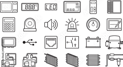 An array of technical and electronic icons, meticulously designed for clarity and functionality, offers a glimpse into the diverse components of the digital world. 