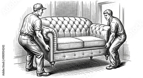 Two men carrying a vintage chesterfield sofa illustration.