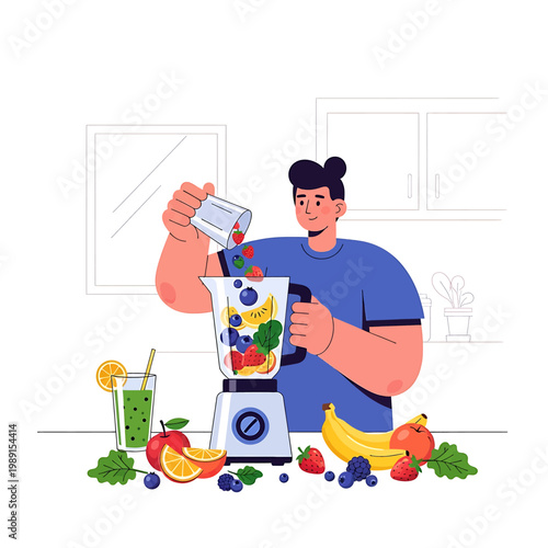 Man making smoothie with blender.