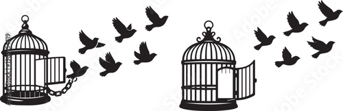 Liberated Birds Flying from Ornate Birdcages - Freedom Concept Illustration Vector
