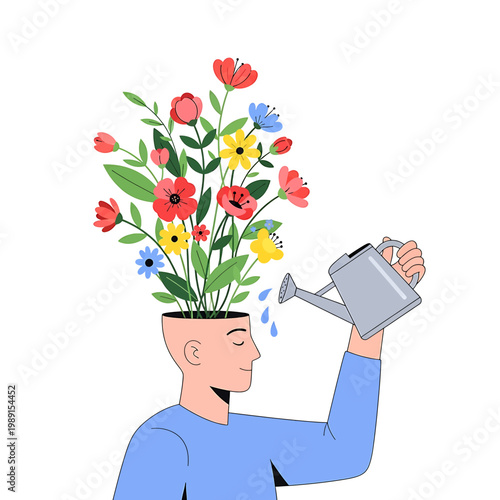 Man with flowers growing out head.