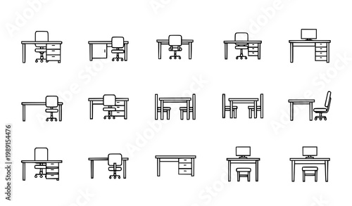 Minimal line desk and chair icon set with office classroom and dining table furniture vector collection