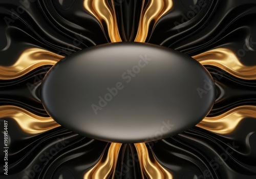 Abstract dark background features a smooth oval center framed by flowing gold and black liquid textures.