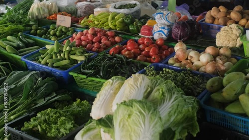 Colorful assortment of cabbage tomatoes daikon chili onion lime mango basil choy sum cucumbers eggplant beans mint napa cabbage scallions on stall. Fresh vegetables concept