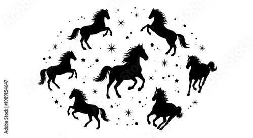 Horses constellation icon set with swirling star dust, silhouette style, and dynamic arrangement for magical astrology designs