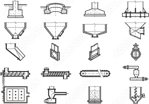 Engineering elements and industrial equipment, a comprehensive collection of precise line drawings showcases various components. Each detailed illustration highlights the specific design and function.