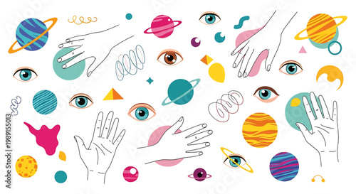 Hands and eyes with planets scattered.