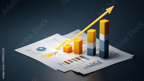3D bar chart and upward trending arrow on financial documents, representing business growth and success.