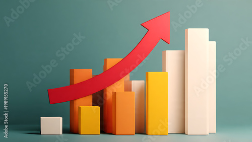 3D bar chart with a red arrow pointing upwards, symbolizing growth and success in business.