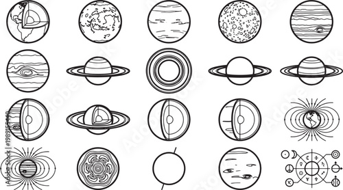 Intricate line art illustrates solar system, planets, celestial bodies in a mesmerizing pattern.