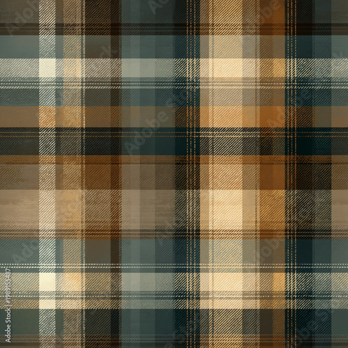 Close-up view of a textured plaid fabric with overlapping brown, beige, and teal patterns.