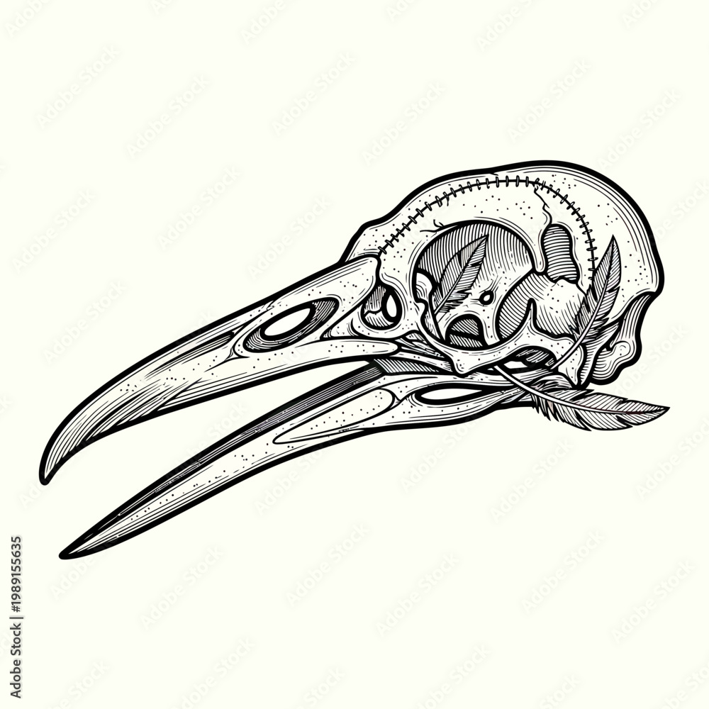 Fototapeta premium Hand-Drawn Raven Bird Skull with Feathers Vector Illustration in Vintage Engraving Style