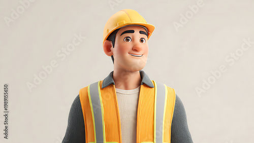 Smiling construction worker wearing a yellow hard hat and safety vest, isolated on a plain background.