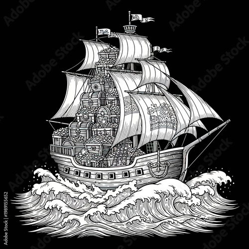 Vintage Engraving Style Illustration of a Pirate Ship Overflowing with Treasure Chests Sailing on Rough Ocean Waves