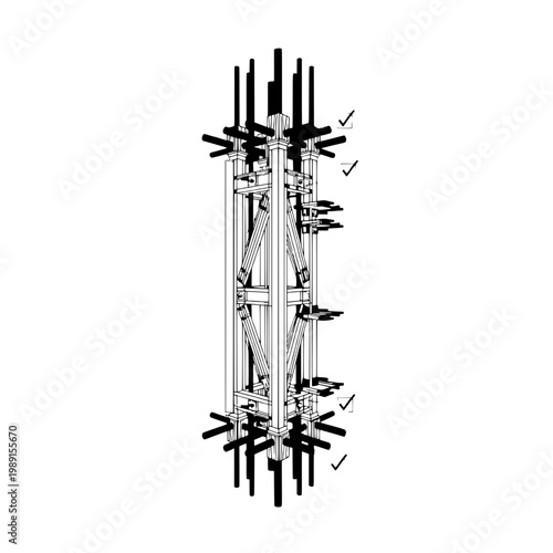 A detailed illustration of a metallic structure with many protruding parts