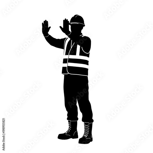 A construction worker signals with hands wearing safety vest and hard hat outdoors