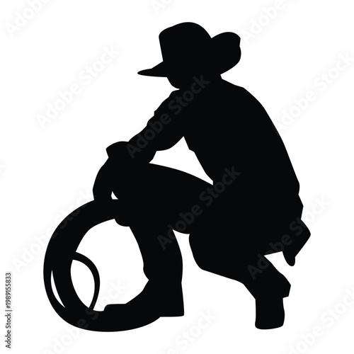Cowboy sitting and holding rope Shape Icon Silhouette Vector black design on a white background
