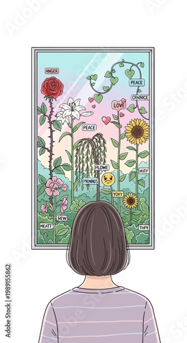Person admiring inspirational artwork of growing plants symbolizing peace, love, happiness, truth, and personal growth