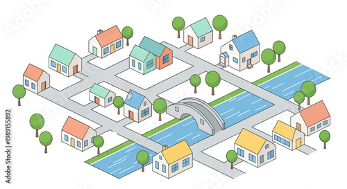 Isometric Vector Illustration of a Residential Suburban Neighborhood with Houses, Green Trees, River, and Bridge