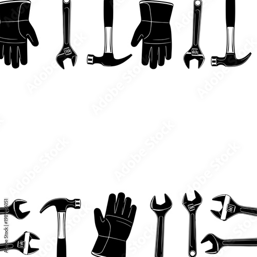 Hands wearing gloves hold various tools for construction work indoors