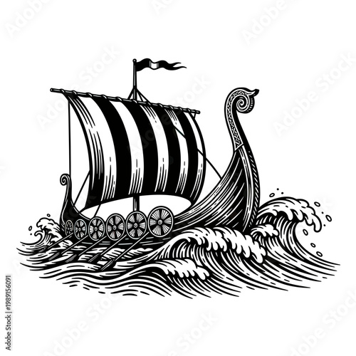 Viking Longship Drakkar Sailing on Rough Sea Waves, Vintage Woodcut Style Vector Illustration
