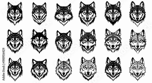 Collection of 20 unique wolf head illustrations in various expressions and shades on white background