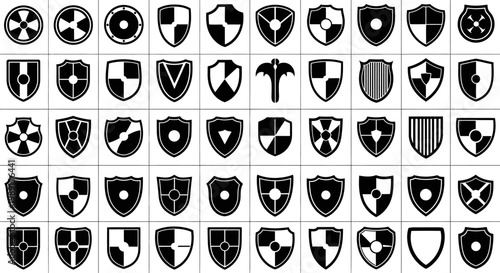 Collection of various shield logos and icons in black and white symbolizing protection and security