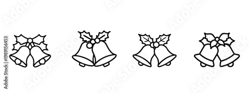 Christmas bells with holly leaves web line icons set featuring festive jingle bells decorative holiday ornaments x-mas celebration symbols and more Vector Illustration with editable stroke